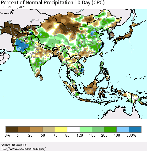 Asia Percent of Normal Precipitation 10-Day (CPC) Thematic Map For 7/21/2023 - 7/31/2023