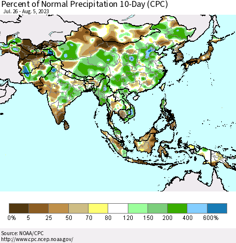Asia Percent of Normal Precipitation 10-Day (CPC) Thematic Map For 7/26/2023 - 8/5/2023
