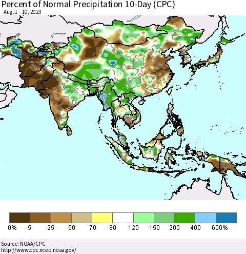 Asia Percent of Normal Precipitation 10-Day (CPC) Thematic Map For 8/1/2023 - 8/10/2023