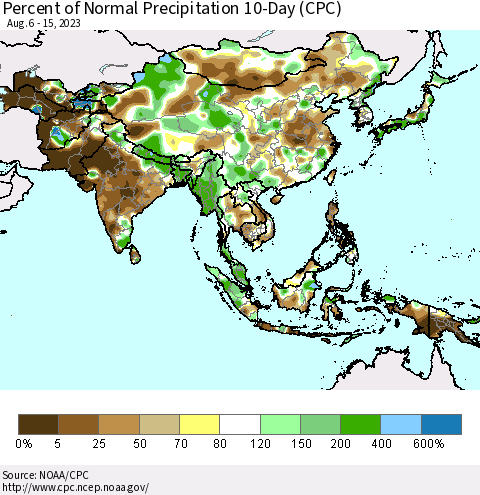 Asia Percent of Normal Precipitation 10-Day (CPC) Thematic Map For 8/6/2023 - 8/15/2023