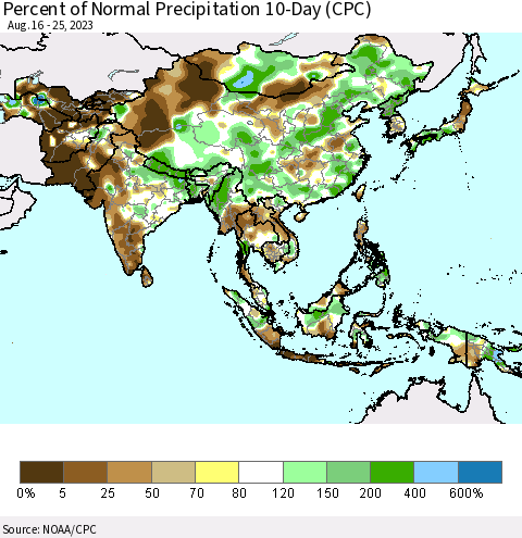 Asia Percent of Normal Precipitation 10-Day (CPC) Thematic Map For 8/16/2023 - 8/25/2023