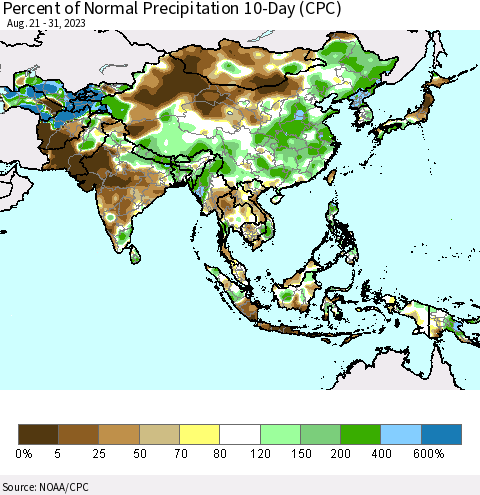 Asia Percent of Normal Precipitation 10-Day (CPC) Thematic Map For 8/21/2023 - 8/31/2023
