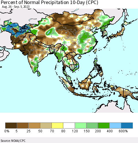 Asia Percent of Normal Precipitation 10-Day (CPC) Thematic Map For 8/26/2023 - 9/5/2023