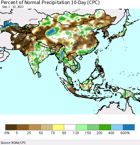 Asia Percent of Normal Precipitation 10-Day (CPC) Thematic Map For 9/1/2023 - 9/10/2023