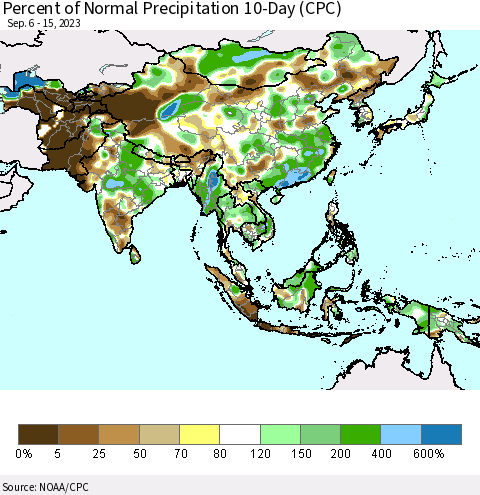 Asia Percent of Normal Precipitation 10-Day (CPC) Thematic Map For 9/6/2023 - 9/15/2023