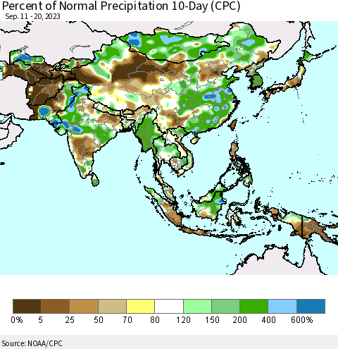 Asia Percent of Normal Precipitation 10-Day (CPC) Thematic Map For 9/11/2023 - 9/20/2023