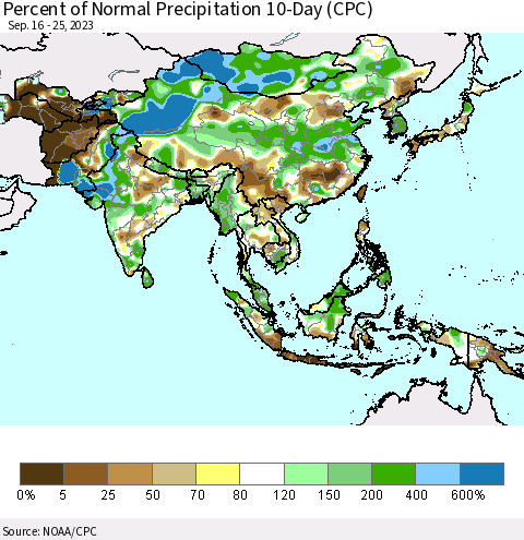 Asia Percent of Normal Precipitation 10-Day (CPC) Thematic Map For 9/16/2023 - 9/25/2023