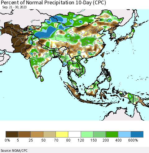 Asia Percent of Normal Precipitation 10-Day (CPC) Thematic Map For 9/21/2023 - 9/30/2023