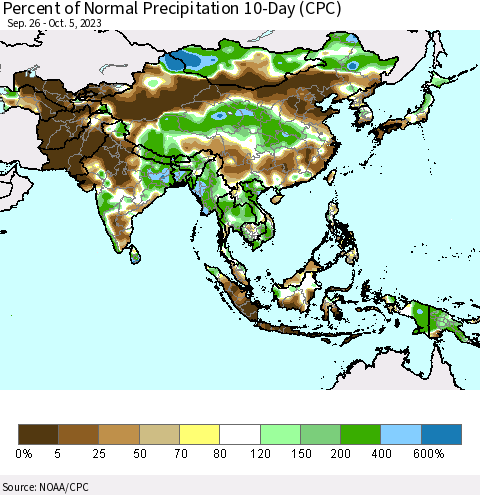 Asia Percent of Normal Precipitation 10-Day (CPC) Thematic Map For 9/26/2023 - 10/5/2023