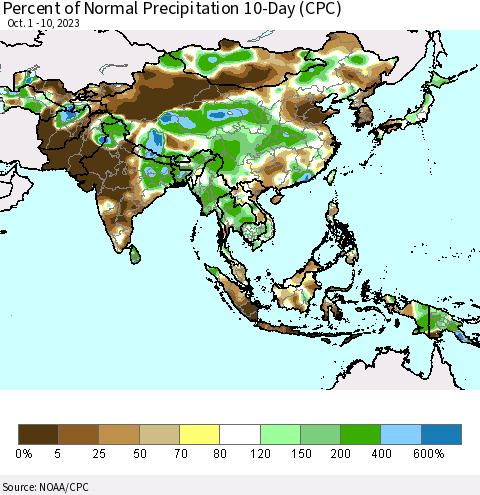 Asia Percent of Normal Precipitation 10-Day (CPC) Thematic Map For 10/1/2023 - 10/10/2023