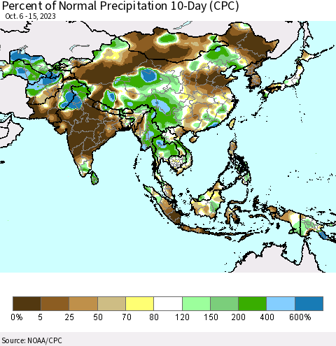 Asia Percent of Normal Precipitation 10-Day (CPC) Thematic Map For 10/6/2023 - 10/15/2023