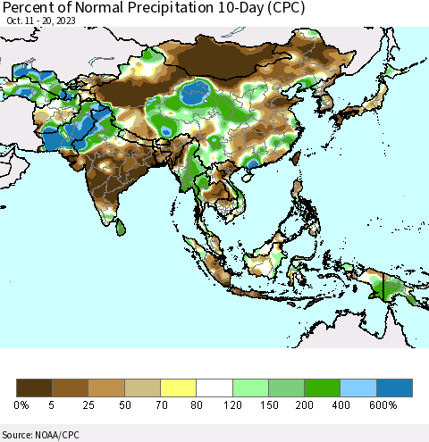 Asia Percent of Normal Precipitation 10-Day (CPC) Thematic Map For 10/11/2023 - 10/20/2023