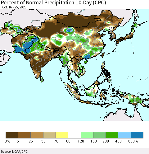 Asia Percent of Normal Precipitation 10-Day (CPC) Thematic Map For 10/16/2023 - 10/25/2023
