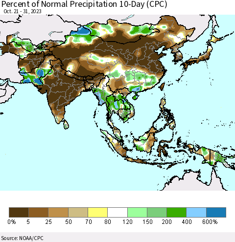 Asia Percent of Normal Precipitation 10-Day (CPC) Thematic Map For 10/21/2023 - 10/31/2023