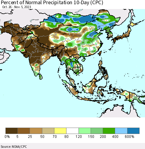 Asia Percent of Normal Precipitation 10-Day (CPC) Thematic Map For 10/26/2023 - 11/5/2023