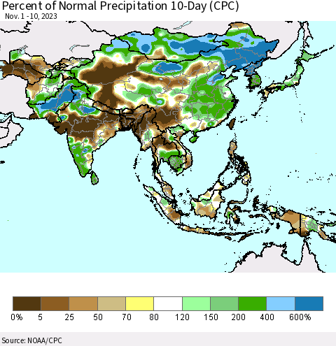 Asia Percent of Normal Precipitation 10-Day (CPC) Thematic Map For 11/1/2023 - 11/10/2023