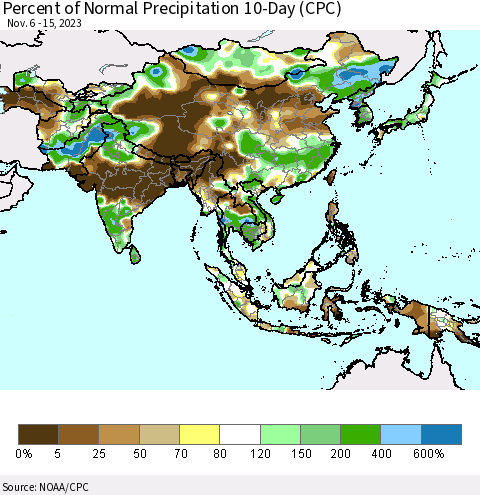 Asia Percent of Normal Precipitation 10-Day (CPC) Thematic Map For 11/6/2023 - 11/15/2023