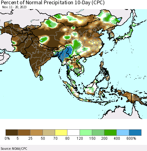 Asia Percent of Normal Precipitation 10-Day (CPC) Thematic Map For 11/11/2023 - 11/20/2023