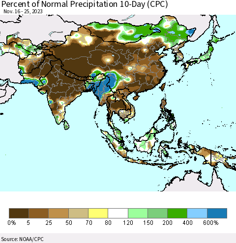 Asia Percent of Normal Precipitation 10-Day (CPC) Thematic Map For 11/16/2023 - 11/25/2023
