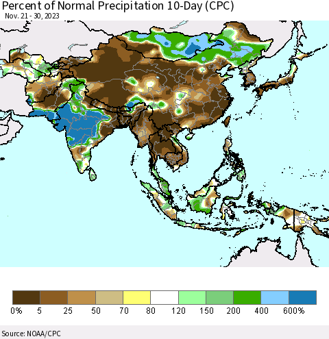 Asia Percent of Normal Precipitation 10-Day (CPC) Thematic Map For 11/21/2023 - 11/30/2023
