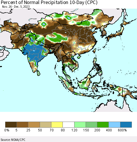 Asia Percent of Normal Precipitation 10-Day (CPC) Thematic Map For 11/26/2023 - 12/5/2023