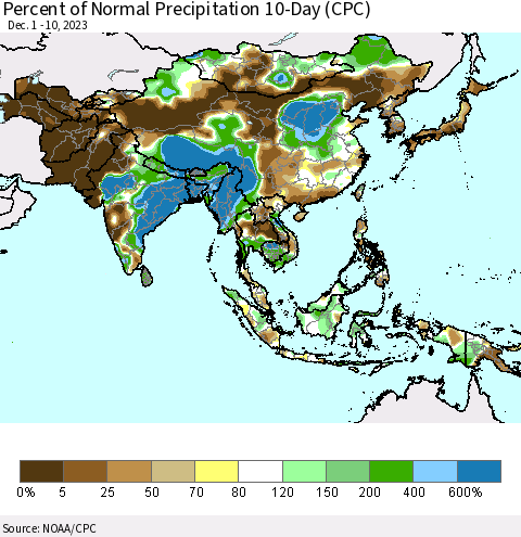 Asia Percent of Normal Precipitation 10-Day (CPC) Thematic Map For 12/1/2023 - 12/10/2023
