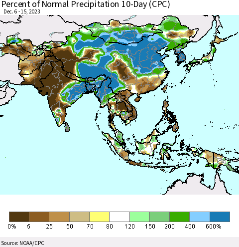 Asia Percent of Normal Precipitation 10-Day (CPC) Thematic Map For 12/6/2023 - 12/15/2023