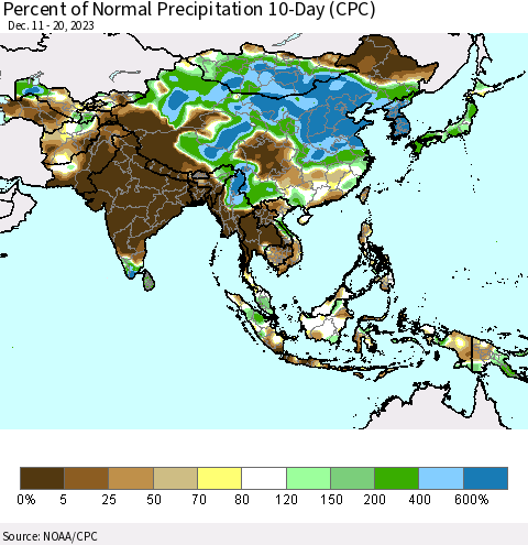 Asia Percent of Normal Precipitation 10-Day (CPC) Thematic Map For 12/11/2023 - 12/20/2023