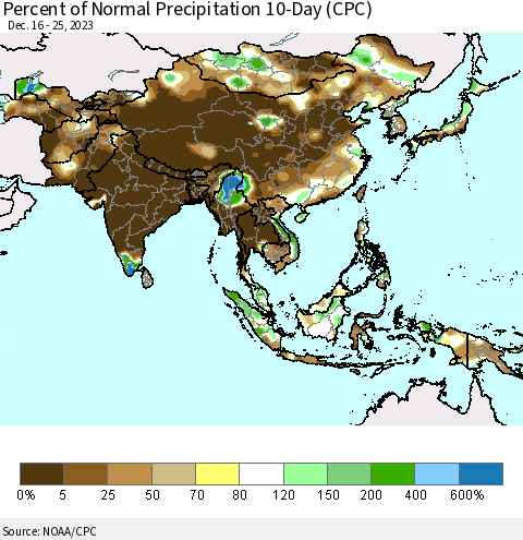 Asia Percent of Normal Precipitation 10-Day (CPC) Thematic Map For 12/16/2023 - 12/25/2023