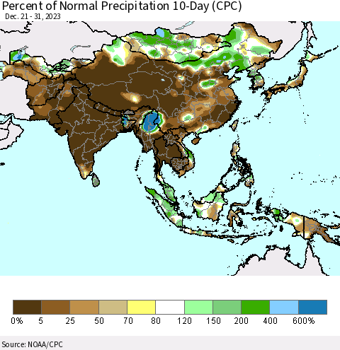 Asia Percent of Normal Precipitation 10-Day (CPC) Thematic Map For 12/21/2023 - 12/31/2023