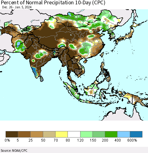 Asia Percent of Normal Precipitation 10-Day (CPC) Thematic Map For 12/26/2023 - 1/5/2024
