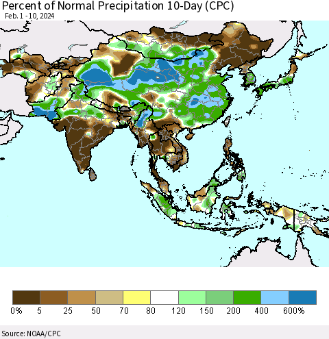 Asia Percent of Normal Precipitation 10-Day (CPC) Thematic Map For 2/1/2024 - 2/10/2024