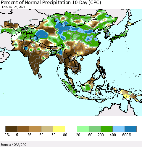 Asia Percent of Normal Precipitation 10-Day (CPC) Thematic Map For 2/16/2024 - 2/25/2024