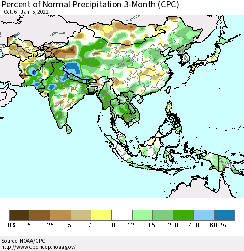 Asia Percent of Normal Precipitation 3-Month (CPC) Thematic Map For 10/6/2021 - 1/5/2022