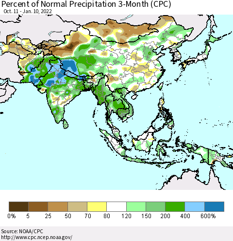 Asia Percent of Normal Precipitation 3-Month (CPC) Thematic Map For 10/11/2021 - 1/10/2022