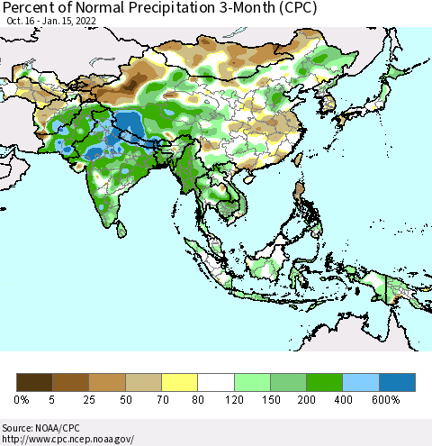 Asia Percent of Normal Precipitation 3-Month (CPC) Thematic Map For 10/16/2021 - 1/15/2022
