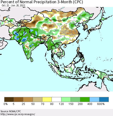 Asia Percent of Normal Precipitation 3-Month (CPC) Thematic Map For 10/21/2021 - 1/20/2022