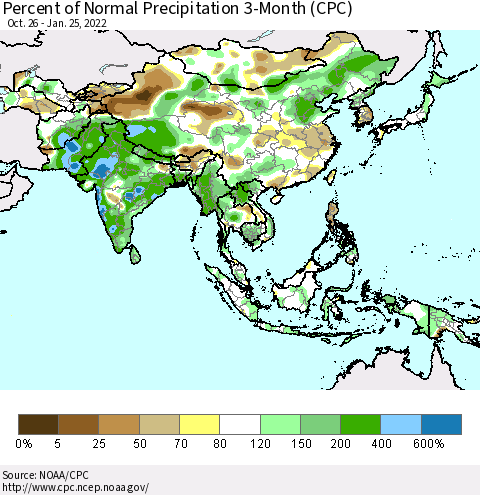 Asia Percent of Normal Precipitation 3-Month (CPC) Thematic Map For 10/26/2021 - 1/25/2022