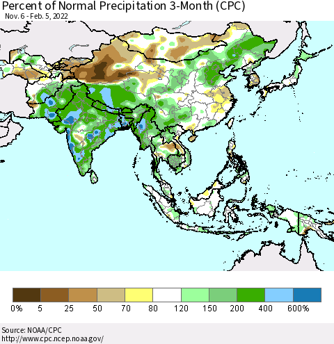 Asia Percent of Normal Precipitation 3-Month (CPC) Thematic Map For 11/6/2021 - 2/5/2022