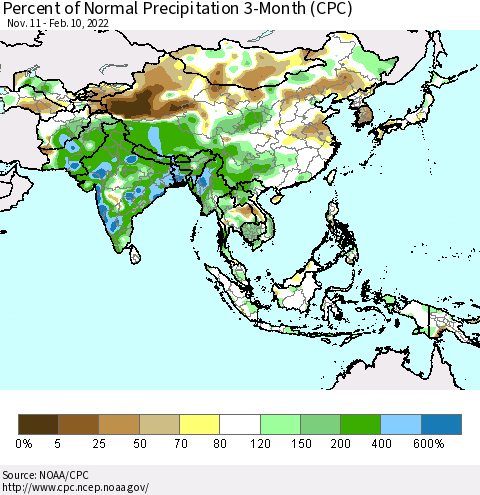 Asia Percent of Normal Precipitation 3-Month (CPC) Thematic Map For 11/11/2021 - 2/10/2022