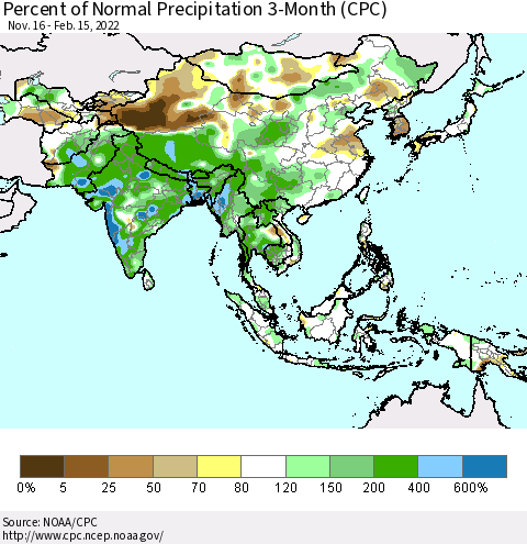 Asia Percent of Normal Precipitation 3-Month (CPC) Thematic Map For 11/16/2021 - 2/15/2022