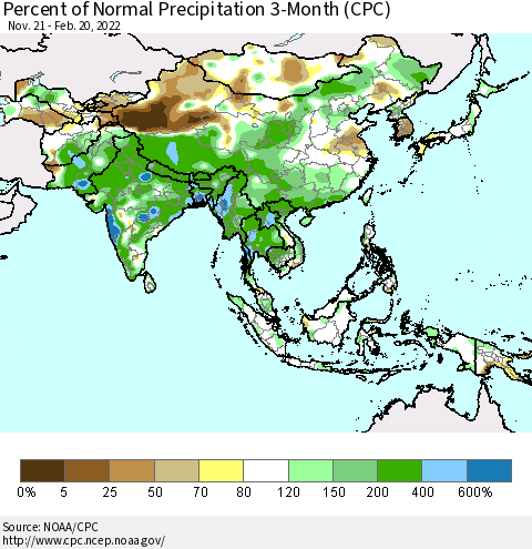 Asia Percent of Normal Precipitation 3-Month (CPC) Thematic Map For 11/21/2021 - 2/20/2022