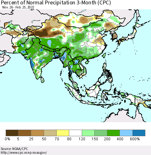 Asia Percent of Normal Precipitation 3-Month (CPC) Thematic Map For 11/26/2021 - 2/25/2022