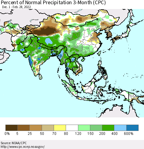 Asia Percent of Normal Precipitation 3-Month (CPC) Thematic Map For 12/1/2021 - 2/28/2022