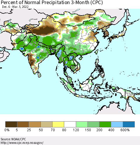 Asia Percent of Normal Precipitation 3-Month (CPC) Thematic Map For 12/6/2021 - 3/5/2022