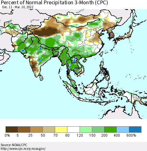 Asia Percent of Normal Precipitation 3-Month (CPC) Thematic Map For 12/11/2021 - 3/10/2022
