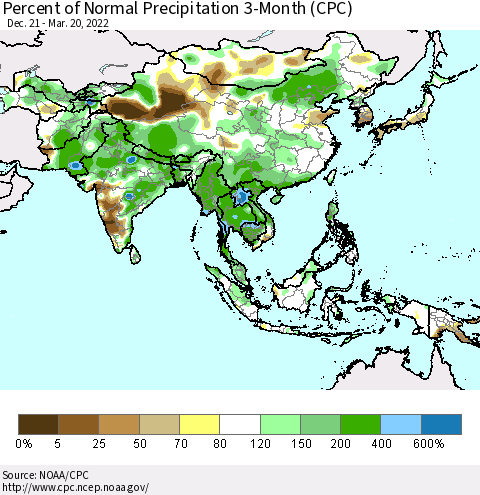Asia Percent of Normal Precipitation 3-Month (CPC) Thematic Map For 12/21/2021 - 3/20/2022