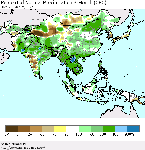 Asia Percent of Normal Precipitation 3-Month (CPC) Thematic Map For 12/26/2021 - 3/25/2022