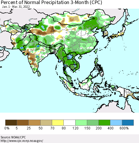 Asia Percent of Normal Precipitation 3-Month (CPC) Thematic Map For 1/1/2022 - 3/31/2022