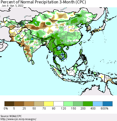 Asia Percent of Normal Precipitation 3-Month (CPC) Thematic Map For 1/6/2022 - 4/5/2022
